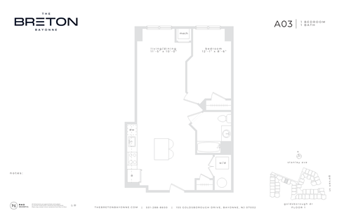 Floor plan for 1 bed, 1 bath, 751 sqft